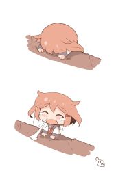 Rule 34 | 10s, 1girl, blush, brown hair, chibi, comic, commentary request, crying, closed eyes, face down, fang, hair ornament, hairclip, hanomido, highres, ikazuchi (kancolle), kantai collection, long sleeves, neckerchief, open mouth, school uniform, serafuku, short hair, simple background, snot, tears, white background