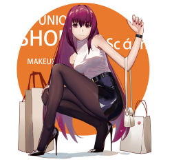 Rule 34 | 1girl, alternate costume, bag, belt, black pantyhose, blouse, breasts, casual, character name, english text, fate/grand order, fate (series), fingernails, from side, full body, hair intakes, hand on own knee, handbag, high heels, highres, large breasts, leather skirt, light smile, long hair, looking at viewer, pantyhose, pencil skirt, pumps, purple hair, red eyes, scathach (fate), shirt, shoes, shopping bag, shoulder bag, simple background, skirt, sleeveless, sleeveless shirt, solo, squatting, stiletto heels, text background, very long hair, vic (vedream), white background, white shirt, wristband