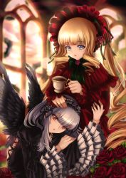 Rule 34 | 2girls, absurdres, black wings, blonde hair, blue eyes, blurry, blurry background, bokeh, bonnet, cup, depth of field, doll joints, dress, drill, drill hair, flower, gothic lolita, grey hair, hairband, hand on another&#039;s head, highres, joints, lolita fashion, lolita hairband, long hair, multiple girls, red dress, red eyes, red flower, red rose, rose, rozen maiden, shinku, suigintou, sunset, tea, teacup, umi chi, window, wings