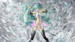 Rule 34 | 1girl, adapted costume, alternate costume, aqua eyes, aqua hair, armpits, detached sleeves, hair over one eye, hatsune miku, hatsune miku (append), highres, jane mere, long hair, navel, no panties, shatter, solo, thighhighs, twintails, very long hair, vocaloid, vocaloid append, wallpaper