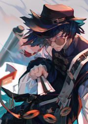 Rule 34 | 1boy, arknights, bandaged hand, bandages, black hat, blue hair, blurry, blurry background, blurry foreground, chest strap, chinese clothes, chinese commentary, closed mouth, coin, coin on string, commentary request, eyewear strap, facial hair, goatee, hand up, hat, highres, holed coin, kami otona, long sleeves, male focus, mr. nothing (arknights), multicolored hair, off shoulder, red eyes, red hair, scroll, short hair, sideways glance, solo, streaked hair, sunglasses, tassel, torn clothes, torn hat
