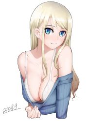 Rule 34 | 2018, absurdres, blonde hair, blue eyes, blue sweater, bra, clothes pull, collarbone, cropped torso, dated, grin, highres, long hair, looking at viewer, off-shoulder sweater, off shoulder, original, simple background, sketch, smile, straight hair, sweater, sweater pull, underwear, viktorf, white background, white bra