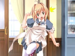Rule 34 | 1girl, ahoge, angel breath, apron, blonde hair, blush, blush stickers, curtains, gabriel (angel breath), game cg, hair intakes, indoors, looking at viewer, maid, maid apron, solo, surprised, thighhighs, white thighhighs