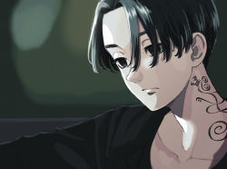 Rule 34 | 1boy, absurdres, black eyes, black hair, black shirt, closed mouth, collarbone, empty eyes, expressionless, forehead, highres, huge filesize, looking away, male focus, meimei (cb mei), neck tattoo, portrait, sano manjirou, shirt, short hair, solo, tattoo, tokyo revengers