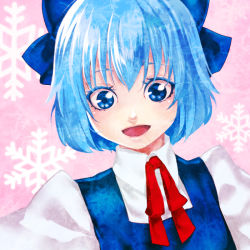 Rule 34 | 1girl, blouse, blue eyes, blue hair, bow, cirno, collared shirt, colored eyelashes, eyebrows hidden by hair, female focus, pink background, ribbon, shirt, smile, solo, tamachi kuwa, touhou, white shirt