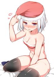 Rule 34 | 1girl, absurdres, bare arms, bare shoulders, between legs, bikini, black thighhighs, blush, breasts, christmas, cleavage, flying sweatdrops, grey eyes, hand between legs, hand up, hat, highres, konpaku youmu, looking at viewer, medium breasts, moyashi baasuto, red hat, santa hat, silver hair, simple background, sitting, solo, swimsuit, thighhighs, touhou, white background