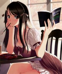 Rule 34 | 1girl, absurdres, book, breast rest, breasts, breasts on table, brown eyes, brown hair, chair, cleavage, copyright request, crossed legs, dress, english text, food, frills, gathers, hair ribbon, hairband, head rest, highres, holding, huge filesize, large breasts, leaning forward, legs, light smile, looking at viewer, mouth hold, original, pocky, ribbon, sitting, smile, solo, table, tony taka, window