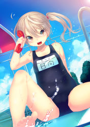 Rule 34 | 1girl, ahoge, bad id, bad pixiv id, bare legs, barefoot, blue sky, blue one-piece swimsuit, blush, brown eyes, cloud, dancho (dancyo), day, feet, light brown hair, one-piece swimsuit, open mouth, original, ribbon, school swimsuit, side ponytail, skull.03, sky, smile, solo, swimsuit, toes, tsurime