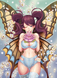 Rule 34 | 1girl, bra, breasts, butterfly wings, curvy, drinking straw, flower, gonster, highres, insect wings, large breasts, lingerie, long hair, multicolored wings, narrow waist, one eye closed, original, panties, purple eyes, red hair, skindentation, smile, solo, thigh gap, thighhighs, twintails, underwear, underwear only, wings, wink