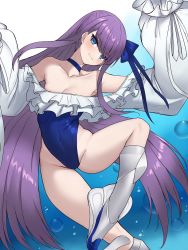 Rule 34 | 1girl, armpits, arms up, bare shoulders, blue background, blue choker, blue ribbon, blush, boots, breasts, choker, cleavage, closed mouth, collarbone, covered navel, fate/grand order, fate (series), frilled swimsuit, frills, gradient background, hair ribbon, head tilt, highleg, highleg swimsuit, k jin, knee boots, long hair, long sleeves, looking at viewer, meltryllis, meltryllis (fate), meltryllis (swimsuit lancer) (fate), meltryllis (swimsuit lancer) (second ascension) (fate), puffy long sleeves, puffy sleeves, purple hair, ribbon, sleeves past fingers, sleeves past wrists, small breasts, smile, solo, spread legs, swimsuit, thighs, very long hair