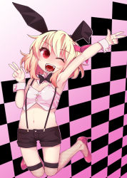 Rule 34 | 1girl, animal ears, arm up, armpits, black bow, black bowtie, black shorts, blonde hair, bow, bowtie, checkered background, crop top, fake animal ears, fangs, fishnet thighhighs, fishnets, hair ribbon, high heels, navel, one eye closed, open mouth, red eyes, red footwear, ribbon, rumia, shamo (koumakantv), shoes, shorts, solo, suspenders, thighhighs, touhou, v, wrist cuffs