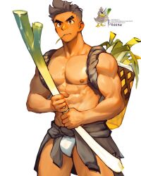 1boy abs backpack_basket bara breezem18 brown_eyes brown_hair clothes_around_waist commentary creatures_(company) english_commentary farfetch&#039;d food fundoshi game_freak gen_1_pokemon highres holding holding_food holding_spring_onion holding_vegetable humanization japanese_clothes large_pectorals male_focus muscular muscular_male nintendo nipples pectorals personification pokemon reference_inset solo spring_onion thick_eyebrows topless_male undercut vegetable white_background