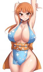 Rule 34 | 1girl, absurdres, arm up, armpits, blush, breasts, cleavage, collarbone, curvy, highres, huge breasts, japanese clothes, large breasts, licking lips, long hair, looking at viewer, mistynight, nami (one piece), one piece, orange eyes, orange hair, shiny skin, solo, thick thighs, thighs, tongue, tongue out, white background, wide hips