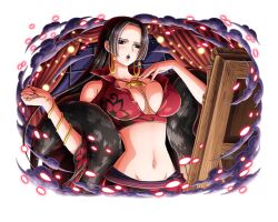 Rule 34 | 1girl, black hair, boa hancock, breasts, cleavage, earrings, hand on own chest, jewelry, large breasts, long hair, midriff, navel, necklace, official art, one piece, one piece treasure cruise, open mouth, solo, solo focus, teeth, upper teeth only