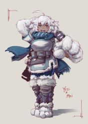 Rule 34 | 1girl, :d, ahoge, animal hands, arm behind head, belt pouch, blue scarf, blush, blush stickers, boots, character name, cosplay, dark-skinned female, dark skin, deel (rkeg), disembodied blush, eyebrows, full body, fur, fur-trimmed boots, fur-trimmed jacket, fur trim, green eyes, highres, jacket, looking at viewer, md5 mismatch, mei (overwatch), mei (overwatch) (cosplay), monster girl, monster girl encyclopedia, open mouth, overwatch, overwatch 1, pouch, scarf, short hair, simple background, smile, solo, thick eyebrows, white fur, white hair, yeti (monster girl encyclopedia)