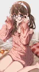 Rule 34 | 1girl, barefoot, bow hairband, brown eyes, brown hair, fujimiya kotoha, glasses, hairband, highres, indoors, kukiha, long hair, long sleeves, palette project, pink sweater, sitting, sleeves past wrists, solo, striped clothes, striped hairband, sweater, twintails, virtual youtuber, wariza