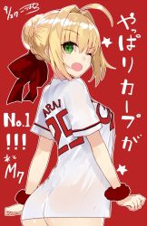 Rule 34 | 10s, 1girl, ;d, ahoge, arms at sides, artist name, ass, bad id, bad twitter id, baseball jersey, blonde hair, blush, breasts, butt crack, clothes writing, cowboy shot, dated, eyebrows, fate/extra, fate/extra ccc, fate (series), green eyes, hair bun, hair intakes, hair ribbon, highres, hiroshima touyou carp, jersey, kou mashiro, looking at viewer, medium breasts, nero claudius (fate), nero claudius (fate) (all), nero claudius (fate/extra), nippon professional baseball, no pants, one eye closed, open mouth, red background, red ribbon, ribbon, scrunchie, short hair, short sleeves, signature, simple background, single hair bun, smile, solo, standing, text focus, translation request, wrist scrunchie