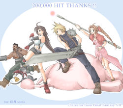 Rule 34 | 00s, 2000s, 2boys, 2girls, aerith gainsborough, anti-materiel rifle, arm tattoo, armor, bare legs, barrett m82, beard, black hair, blonde hair, blue background, blue pants, blue shirt, boots, bracelet, braid, breasts, brown hair, brown vest, buster sword, cait sith (ff7), cape, cat, cloud strife, cropped jacket, crown, dress, elbow pads, facial hair, fighting stance, final fantasy, final fantasy vii, fingerless gloves, gloves, green pants, gun, hair ribbon, holding, holding sword, holding weapon, jacket, jewelry, long dress, long hair, low-tied long hair, materia, megaphone, midriff, miniskirt, mog, moogle, multiple boys, multiple girls, navel, necklace, open mouth, pants, parted bangs, pink dress, pink ribbon, red cape, red jacket, rendezvous, ribbon, rifle, shirt, shoulder armor, sidelocks, skirt, sleeveless, sleeveless turtleneck, sniper rifle, spiked hair, square enix, staff, suspender skirt, suspenders, sword, tattoo, tifa lockhart, turtleneck, vest, weapon, white shirt
