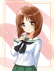 Rule 34 | 10s, 1girl, arm behind back, black neckerchief, blush, breasts, brown eyes, brown hair, catbell, closed mouth, collarbone, cross, girls und panzer, green skirt, hand on own chest, hand up, highres, long sleeves, looking at viewer, neckerchief, nishizumi miho, ooarai school uniform, sailor collar, school uniform, shirt, short hair, skirt, sleeves past wrists, small breasts, smile, solo, upper body, white sailor collar, white shirt