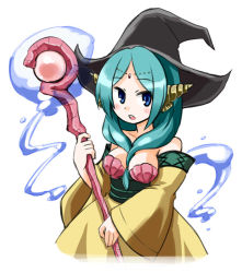 Rule 34 | 1girl, aqua hair, bare shoulders, between breasts, blue eyes, breasts, detached sleeves, front ponytail, hat, kugelschreiber, long hair, magi the labyrinth of magic, shell, shell bikini, simple background, solo, staff, white background, witch hat, yamuraiha