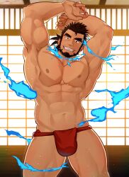 Rule 34 | 1boy, abs, arms up, backlighting, bara, beard, black hair, blue fire, dark-skinned male, dark skin, facial hair, facial scar, feet out of frame, fire, fundoshi, grin, hidora art, highres, indoors, large pectorals, looking at viewer, male focus, mature male, muscular, muscular male, nipples, pectorals, ponytail, red fundoshi, sandayu (housamo), scar, scar on cheek, scar on face, short hair, smile, solo, stomach, sweat, thick thighs, thighs, tokyo houkago summoners, topless male, underwear, underwear only, wooden door