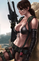Rule 34 | 1girl, artist name, bikini, black bikini, black gloves, breasts, brown hair, cleavage, closed eyes, closed mouth, dandon fuga, day, elbow gloves, facepaint, front-tie bikini top, front-tie top, gloves, gun, highres, holding, holding gun, holding weapon, large breasts, leaning back, lips, metal gear (series), metal gear solid v: the phantom pain, navel, outdoors, pantyhose, pantyhose under swimsuit, ponytail, quiet (metal gear), rifle, sniper rifle, solo, suspenders, swimsuit, torn clothes, torn pantyhose, weapon