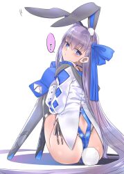 Rule 34 | 1girl, absurdres, animal ears, armored boots, ass, blue eyes, blue leotard, blue ribbon, blush, boots, closed mouth, commentary, fake animal ears, fake tail, fate/extra, fate/extra ccc, fate/grand order, fate (series), highres, leotard, long hair, long sleeves, looking at viewer, looking back, meltryllis (fate), mentaiko mamire, on floor, playboy bunny, prosthesis, prosthetic leg, purple hair, rabbit ears, rabbit tail, ribbon, simple background, sitting, sleeves past fingers, sleeves past wrists, solo, symbol-only commentary, tail, white background