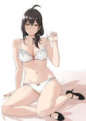 Rule 34 | 1girl, absurdres, ahoge, bare shoulders, black footwear, black hair, bow, bow bra, bow panties, bra, bra pull, bra strap, breasts, brown eyes, cleavage, closed mouth, clothes pull, collarbone, copper, girls&#039; frontline, hand on floor, helianthus (girls&#039; frontline), high heels, highres, holding strap, long hair, looking at viewer, medium breasts, mole, mole on breast, mole under eye, monocle, navel, on floor, panties, pink bow, sitting, solo, split mouth, underwear, white background, white bra, white panties