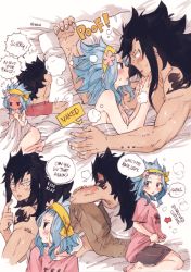 Rule 34 | 1boy, 1girl, back-to-back, black hair, blue hair, blush, english text, fairy tail, gajeel redfox, levy mcgarden, looking at another, rusky, speech bubble, tagme, tattoo