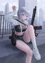 Rule 34 | 1girl, absurdres, arm up, black tank top, breasts, city, cleavage, commentary, crop top, cutoffs, drawstring, earbuds, earphones, foot out of frame, grey eyes, grey hair, grey shorts, gun, handgun, highres, holding, holding gun, holding weapon, knee up, large breasts, looking at viewer, midriff, navel, original, outdoors, rifle, shoes, short hair, short shorts, shorts, shrug (clothing), sitting, sneakers, socks, solo, sthk, stomach, tank top, thighs, weapon, white footwear, white socks