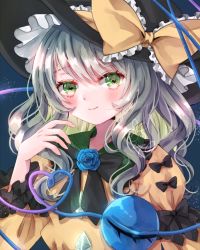 Rule 34 | 1girl, black background, black bow, black hat, blue flower, blue rose, bow, closed mouth, flower, green eyes, green hair, hair bow, hat, hat bow, heart, heart of string, jaku sono, komeiji koishi, long sleeves, looking at viewer, medium hair, rose, simple background, smile, third eye, touhou, yellow bow