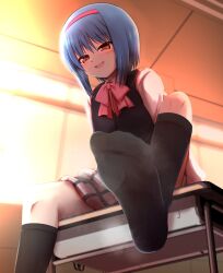 Rule 34 | 1girl, akabashi yuusuke, black socks, black vest, bloom, blue hair, blush, breasts, classroom, commentary request, commission, desk, eyelashes, eyes visible through hair, feet, foot focus, foot out of frame, grey skirt, hair between eyes, hairband, indoors, little busters!, long sleeves, looking down, medium hair, miniskirt, naughty face, nishizono midori, no shoes, on desk, open mouth, pink ribbon, plaid, plaid skirt, red hairband, ribbon, school desk, school uniform, shirt, sidelighting, sitting, on desk, skeb commission, skirt, small breasts, smile, socks, soles, solo, straight hair, sunset, toes, vest, visible air, white shirt, yellow eyes