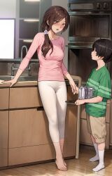 Rule 34 | 1boy, 1girl, absurdres, barefoot, blush, brown eyes, brown hair, feet, highres, holding hands, indoors, kitchen, long hair, mature female, mother and son, open mouth, original, toes, yewang19
