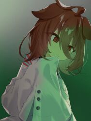 Rule 34 | 1girl, agnes tachyon (umamusume), ahoge, animal ears, brown hair, closed mouth, coat, commentary request, ears down, finger to own chin, glowing, hair between eyes, highres, horse ears, horse girl, lab coat, messy hair, partial commentary, red eyes, short hair, sleeves past fingers, sleeves past wrists, solo, umamusume, upper body, very long sleeves, white coat, wooqa