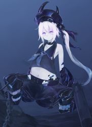 Rule 34 | 10s, 1girl, abyssal ship, amputee, belt, destroyer princess, highres, kantai collection, makihitsuji, midriff, navel, no legs, pale skin, side ponytail, solo, teeth, white hair