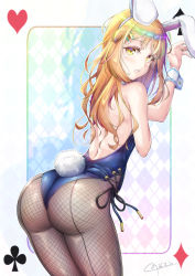 Rule 34 | 1boy, androgynous, animal ears, ass, bare shoulders, blonde hair, blush, card, crossdressing, curvy, embarrassed, fake animal ears, fishnet pantyhose, fishnets, from behind, girly boy, highleg, highleg leotard, highres, huge ass, leotard, long hair, looking at viewer, looking back, male focus, male playboy bunny, natsusora wakana, novady, original, pantyhose, playboy bunny, playing card, rabbit ears, rabbit tail, shiny clothes, shiny skin, solo, tail, thighs, trap, wide hips, yellow eyes