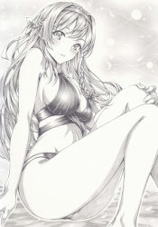 Rule 34 | 1girl, atelier (series), atelier ryza, atelier ryza 1, blush, breasts, cleavage, graphite (medium), klaudia valentz, legs, long hair, looking at viewer, mikuro, monochrome, smile, solo, swimsuit, thighs, traditional media, very long hair