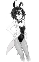 Rule 34 | 1girl, ahoge, alternate costume, antenna hair, black hair, breasts, commentary, covered navel, cropped legs, fishnet pantyhose, fishnets, hand on own hip, highres, idolmaster, jacket, kikuchi makoto, leotard, looking at viewer, monochrome, open clothes, open jacket, open mouth, pantyhose, playboy bunny, short hair, small breasts, solo, vickyycy99, white background