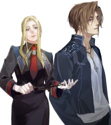 Rule 34 | 1boy, 1girl, black jacket, black pants, black skirt, blonde hair, blue eyes, brown hair, chain necklace, cowboy shot, final fantasy, final fantasy viii, highres, holding riding crop, jacket, jewelry, long bangs, long hair, long sleeves, looking at viewer, looking to the side, necklace, necktie, nini tw99, pants, parted bangs, parted lips, quistis trepe, red necktie, scar, scar on face, seed uniform (ff8), shirt, short hair, skirt, squall leonhart, white background, white shirt