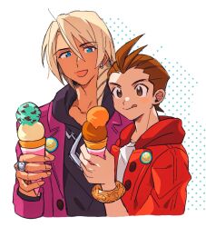 Rule 34 | 2boys, :d, :q, ace attorney, antenna hair, apollo justice, apollo justice (stylin&#039; street clothes), badge, black hoodie, blonde hair, blue eyes, blush stickers, bracelet, brown eyes, brown hair, button badge, buttons, closed mouth, dark-skinned male, dark skin, earrings, food, grgrton, hand up, holding, holding food, holding ice cream, hood, hood down, hooded jacket, hoodie, ice cream, jacket, jewelry, klavier gavin, lapels, looking at another, male focus, medium hair, multiple boys, necklace, open mouth, purple jacket, red jacket, ring, shirt, short hair, simple background, smile, suit jacket, swept bangs, tongue, tongue out, upper body, white background, white shirt
