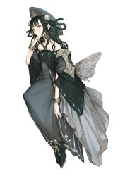 Rule 34 | 1girl, bare shoulders, black footwear, blue theme, blush, bracelet, braid, butterfly wings, closed mouth, collarbone, dress, fake wings, green hair, grey dress, grey eyes, grey hat, hat, hatching (texture), high heels, highres, insect wings, jewelry, light blush, long hair, nightmare-kck, original, patterned, patterned clothing, simple background, solo, white background, wings