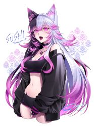 Rule 34 | 1girl, animal ear fluff, animal ears, black bra, black collar, black hair, black jacket, black shorts, bra, bra peek, braid, breasts, chimachi, cleavage, collar, colored tips, commission, copyright request, crop top, cropped legs, crossed bangs, fangs, highleg, highres, jacket, large breasts, long hair, multicolored hair, navel, open clothes, open jacket, open mouth, panty straps, pink eyes, pink hair, shorts, skeb commission, solo, teeth, tongue, tongue out, underwear, upper teeth only, white background, white hair, zipper