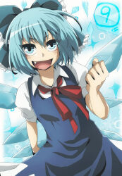 Rule 34 | !, !!, 1girl, blue bow, blue dress, blue eyes, blue hair, bow, circled 9, cirno, cirno day, clenched hand, collared shirt, commentary, cowboy shot, dress, fang, floating hair, frilled bow, frills, hair between eyes, hair bow, hand up, ice, ice wings, looking at viewer, neck ribbon, nitoni, open mouth, pinafore dress, puffy short sleeves, puffy sleeves, red ribbon, ribbon, shirt, short hair, short sleeves, sleeveless, sleeveless dress, smile, snowflake background, solo, touhou, white shirt, wings