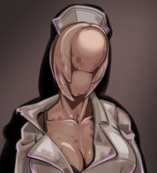 Rule 34 | 1girl, bra strap, breasts, bubble head nurse, cleavage, collarbone, colored skin, faceless, faceless female, grey skin, hat, large breasts, monster girl, nurse, nurse cap, sashizume soutarou, short hair, silent hill (series), silent hill 2, solo