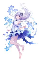 Rule 34 | 1girl, barefoot, blue dress, bubble, dress, flower, fukahire (ruinon), original, purple eyes, purple hair, solo, transparent background