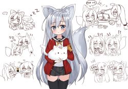 Rule 34 | + +, ..., 6+girls, :d, :o, ?, @ @, ammunition box, animal, animal ear fluff, animal ears, armband, barefoot, black sailor collar, black skirt, black thighhighs, blush, blush stickers, cat, character request, chibi, closed eyes, eating, flying sweatdrops, food, g11 (girls&#039; frontline), g41 (girls&#039; frontline), girls&#039; frontline, gun, h&amp;k mg4, hands on own face, hat, headpat, highres, hk416 (girls&#039; frontline), holding, holding animal, holding cat, holding food, holding sign, jacket, light machine gun, long hair, long sleeves, low twintails, machine gun, mg4 (girls&#039; frontline), multiple girls, name connection, nose blush, object namesake, on one knee, open mouth, parted lips, pleated skirt, sailor collar, school uniform, serafuku, shirt, sign, silver hair, simple background, sitting, skirt, smile, spoken ellipsis, tail, tandohark, thighhighs, twintails, very long hair, weapon, white background, white shirt, wolf ears, wolf girl, wolf tail, zzz