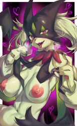 Rule 34 | 1girl, absurdres, black nails, breasts, colored skin, commentary request, creatures (company), furry, furry female, game freak, gradient background, green hair, green skin, heart, highres, iparupua, large breasts, looking at viewer, meowscarada, navel, nintendo, nipples, open mouth, pokemon, purple background, red eyes, saliva, short hair, signature, solo, tongue, tongue out