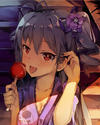 Rule 34 | 1girl, :p, blush, breasts, candy apple, cleavage, commentary request, flower, food, hair flower, hair ornament, hair ribbon, highres, idolmaster, idolmaster cinderella girls, japanese clothes, kanzaki ranko, kimono, looking at viewer, medium breasts, open mouth, purple kimono, purple ribbon, red eyes, ribbon, seneto, short hair, silver hair, solo, tongue, tongue out, twintails, upper body, yukata