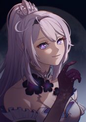 Rule 34 | + +, 1girl, bare shoulders, blue eyes, breasts, brown gloves, cleavage, closed mouth, commentary, elbow gloves, eyebrows hidden by hair, full moon, gloves, hand up, highres, honkai (series), honkai impact 3rd, kiana kaslana, kiana kaslana (herrscher of finality), medium breasts, moon, pink hair, smile, solo, symbol-only commentary, tsuume, twitter username, upper body