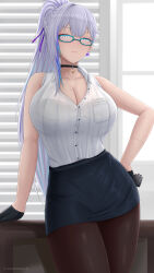 Rule 34 | 1girl, archstreal, bare arms, bare shoulders, black choker, black gloves, black pantyhose, black skirt, blue eyes, blue hair, breast pocket, breasts, choker, cleavage, closed mouth, collarbone, commentary, earrings, english commentary, glasses, gloves, highres, jewelry, large breasts, long hair, looking at viewer, mole, mole on breast, morgan le fay (fate), multicolored hair, necklace, office lady, original, pantyhose, pencil skirt, pocket, ponytail, shirt, shirt tucked in, skirt, sleeveless, solo, star (symbol), star earrings, streaked hair, teacher, thighs, weiss schnee, white shirt